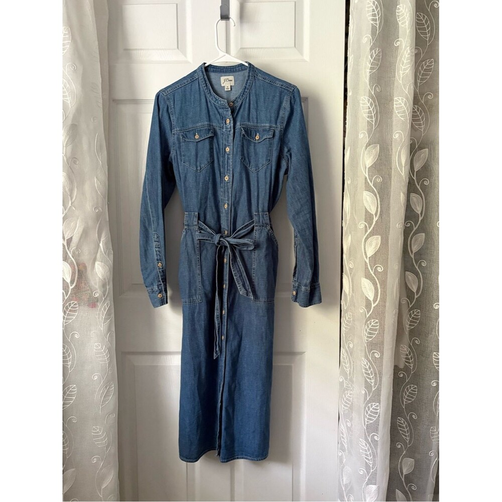J. Crew western Denim Shirt midi Dress button front belted pockets cotton size 8